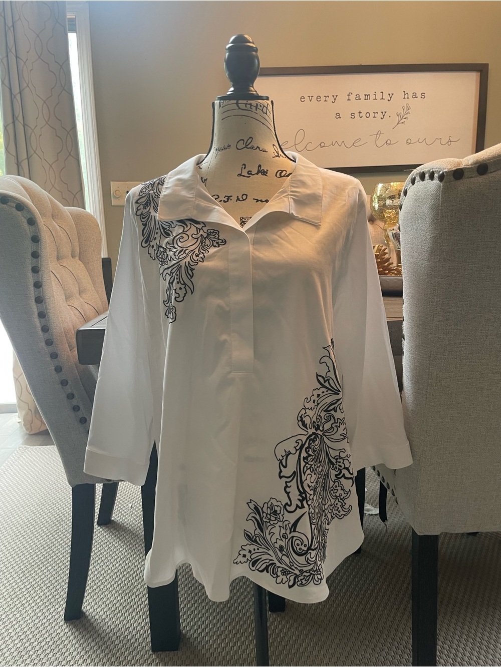Chicos White Tunic Blouse with Black Scroll Print - 3/4 Sleeve